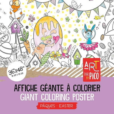 Coloriage géant de Pâques créé par PiCO Tatouages temporaires. Affiche géante à colorier. Dessins créés et imprimés au Québec. Les lapins aiment créer et peindre les oeufs de Pâques. / Giant Easter coloring poster created by PiCO Temporary Tattoos. Giant coloring poster. Designs created and printed in Canada. Bunnies love to create and paint Easter eggs.