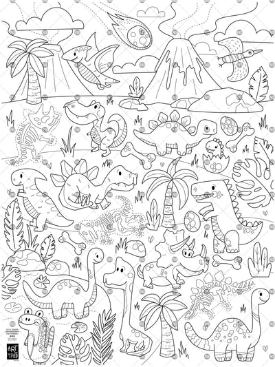 Coloriage géant Les dinosaures, créé par PiCO Tatouages temporaires. Affiche géante à colorier. Dessins créés et imprimés au Québec. Dinosaures, volcans, fossiles et autres dessins sympathiques. / Giant dinosaur coloring poster created by PiCO Temporary Tattoos. Giant coloring poster. Designs created and printed in Quebec. Dinosaurs, fossils, volcanoes and other cool designs.