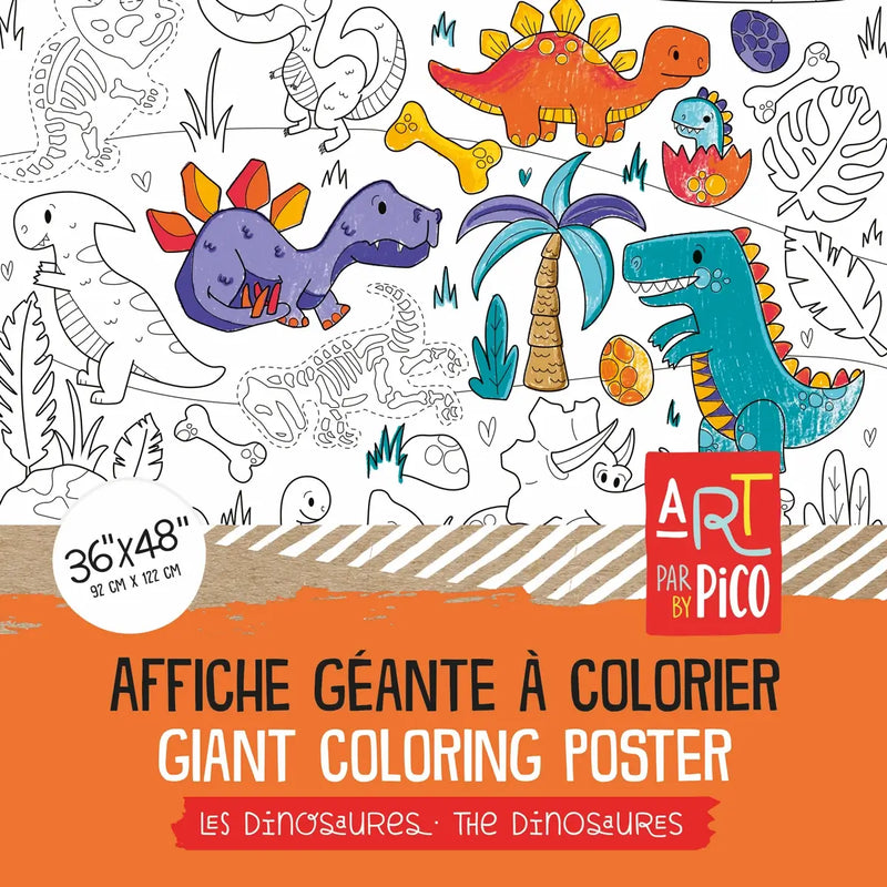 Coloriage géant Les dinosaures, créé par PiCO Tatouages temporaires. Affiche géante à colorier. Dessins créés et imprimés au Québec. Dinosaures, volcans, fossiles et autres dessins sympathiques. / Giant dinosaur coloring poster created by PiCO Temporary Tattoos. Giant coloring poster. Designs created and printed in Quebec. Dinosaurs, fossils, volcanoes and other cool designs.