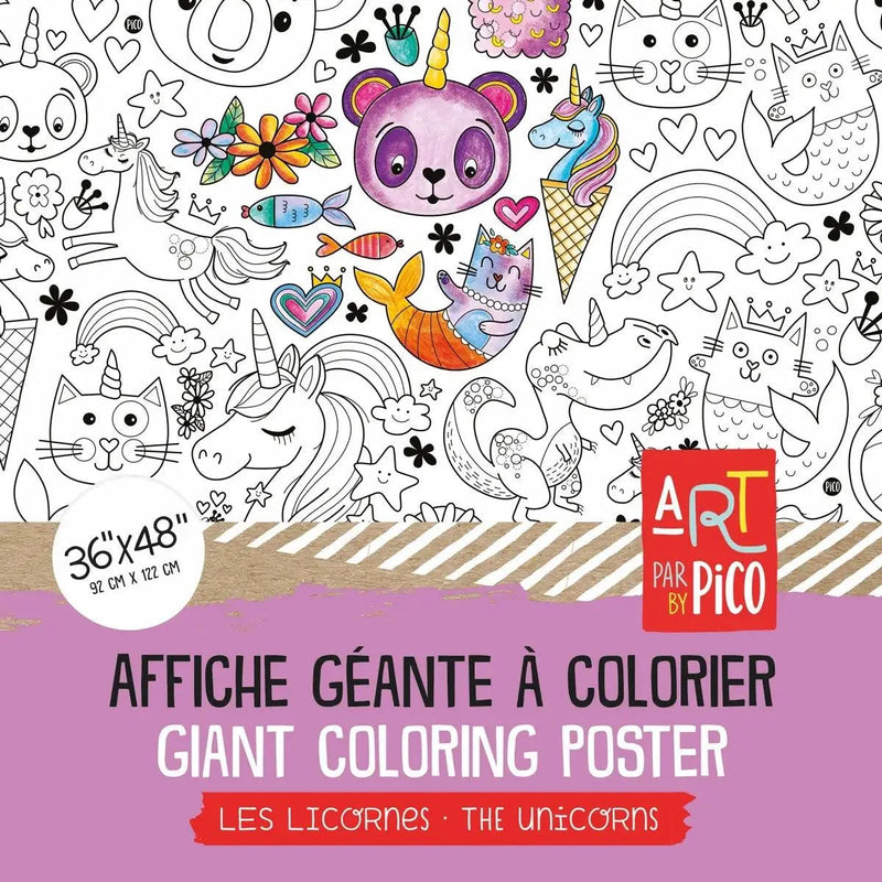 Coloriage géant La licornerie avec chat et sirènes ! Un cadeau original pour stimuler la créativité.  Design québécois. Impression réalisée au Québec. / Giant unicorn coloring poster with cats and mermaids! An original gift to stimulate creativity.  Quebec design. Printed in Quebec.