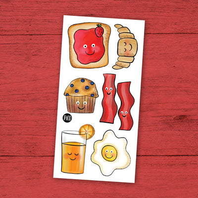 lot promotionnel de 6 tatouages thématique de nourriture ainsi que 4 autocollants produit au québec par pico tatouages temporaires / promotional lot of 6 food themed tattoos as well as 4 stickers produced in Quebec by pico temporary tattoos