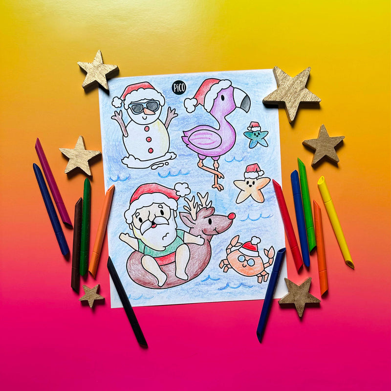 Coloriage à imprimer gratuit PDF - Père Noël à la plage