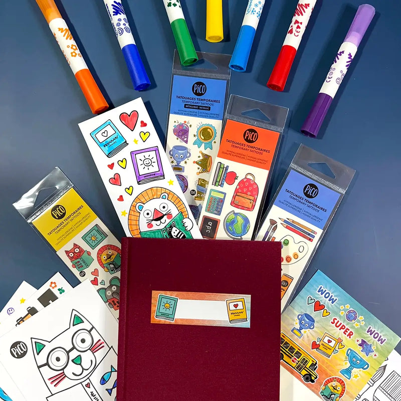 crayons feutres à pointe large dont un coté est une estampe. deux produit en un pour le bricolage scolaire fait par maped vendu par pico / broad-tipped felt-tip pens, one side of which is a print. two products in one for school DIY made by maped sold by pico