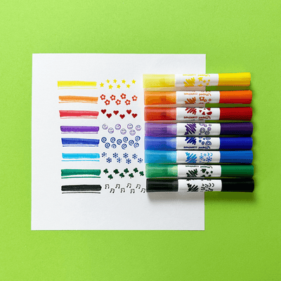 crayons feutres à pointe large dont un coté est une estampe. deux produit en un pour le bricolage scolaire fait par maped vendu par pico / broad-tipped felt-tip pens, one side of which is a print. two products in one for school DIY made by maped sold by pico