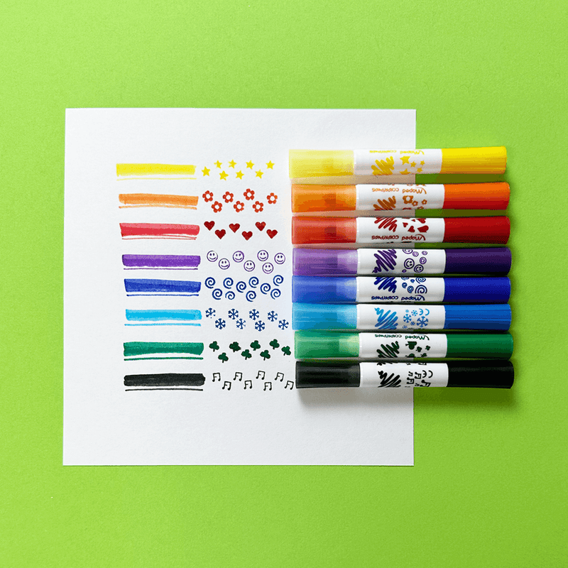 crayons feutres à pointe large dont un coté est une estampe. deux produit en un pour le bricolage scolaire fait par maped vendu par pico / broad-tipped felt-tip pens, one side of which is a print. two products in one for school DIY made by maped sold by pico